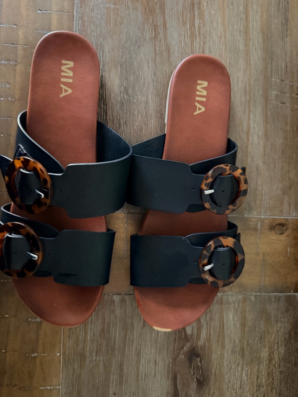 MIA Black Slide Sandals with Tortoiseshell Buckles